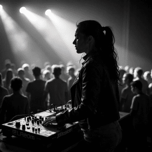Garsai, kurie valdo minią – kas juos kontroliuoja? DJ grojantis scenoje su profesionalia įranga, o minia šoka pagal muziką.