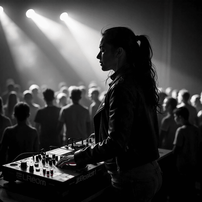 DJ grojantis scenoje su profesionalia įranga, o minia šoka pagal muziką.