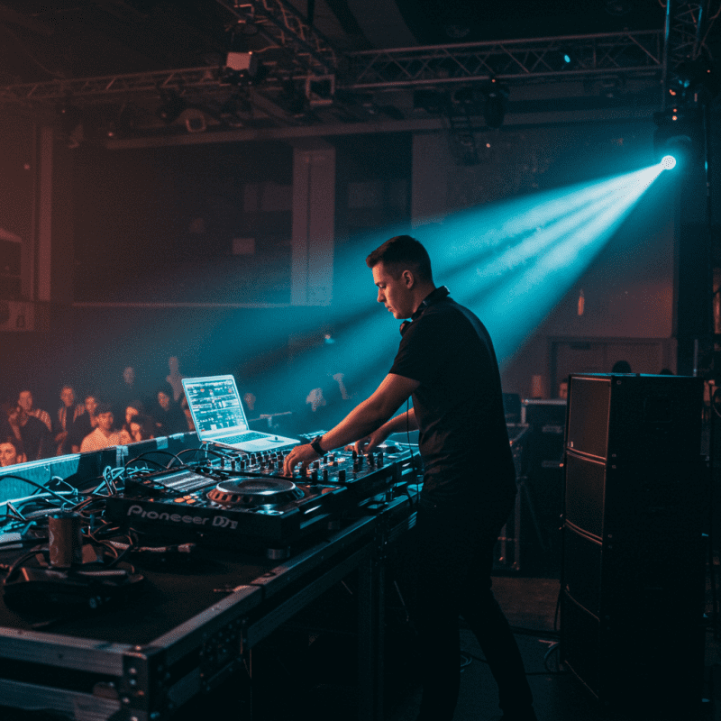 Profesionalus DJ renginio metu Kaune, kuria nepamirštamą atmosferą su garso ir šviesų sistema.
