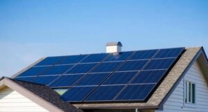 Šviesos gaudyklės ant jūsų stogo: kaip saulė finansuoja jūsų namus? Modernios saulės baterijos ant namo stogo šviečiant saulei